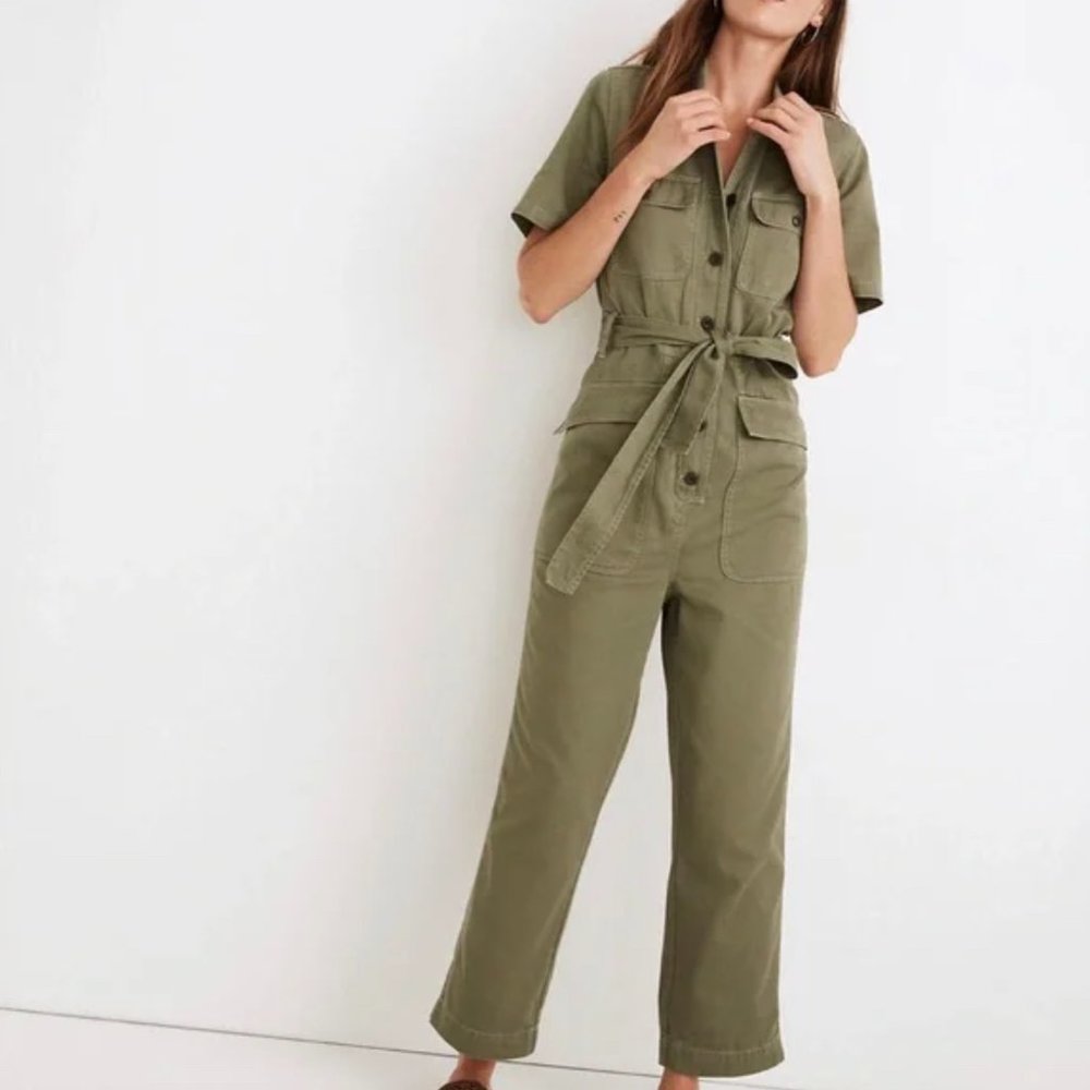 Madewell Tie Waist Military Jumpsuit, Olive, size small